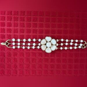 Vintage White Beaded Floral Bracelet Gold Tone Triple Strand Mid Century
